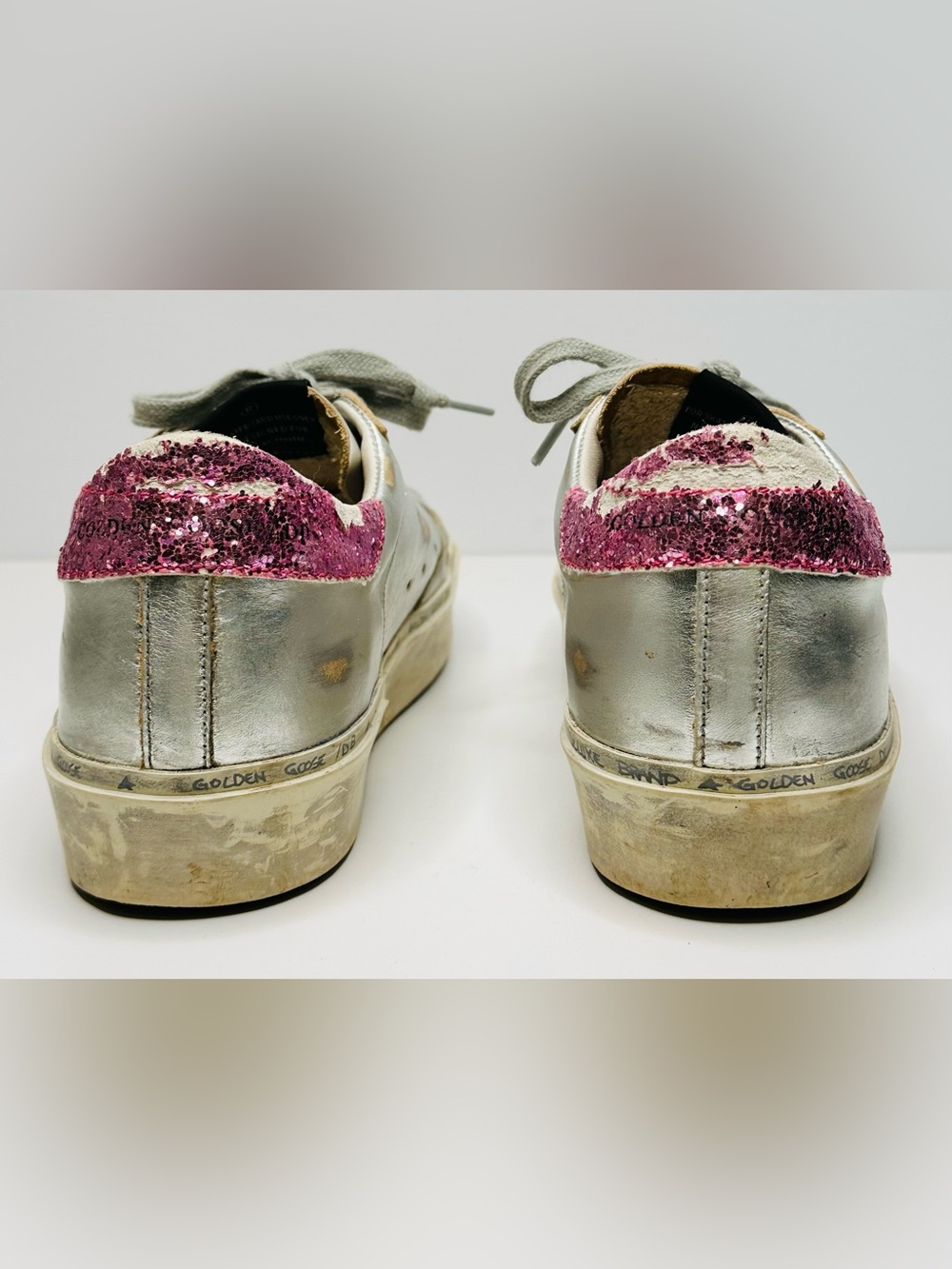 Golden Goose Hi Star Silver Leather Pink Glitter Heel Low Top Sneakers Shoes - Picture 6 of 14